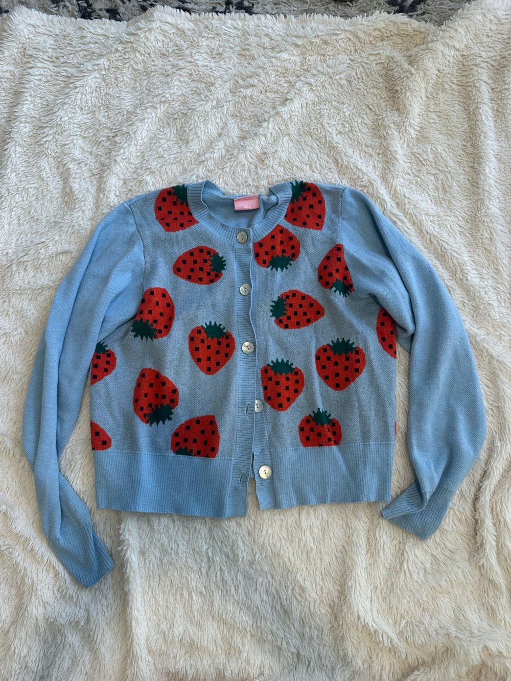 ban.do Light Blue Knit Cardigan with Red Strawberry Motif